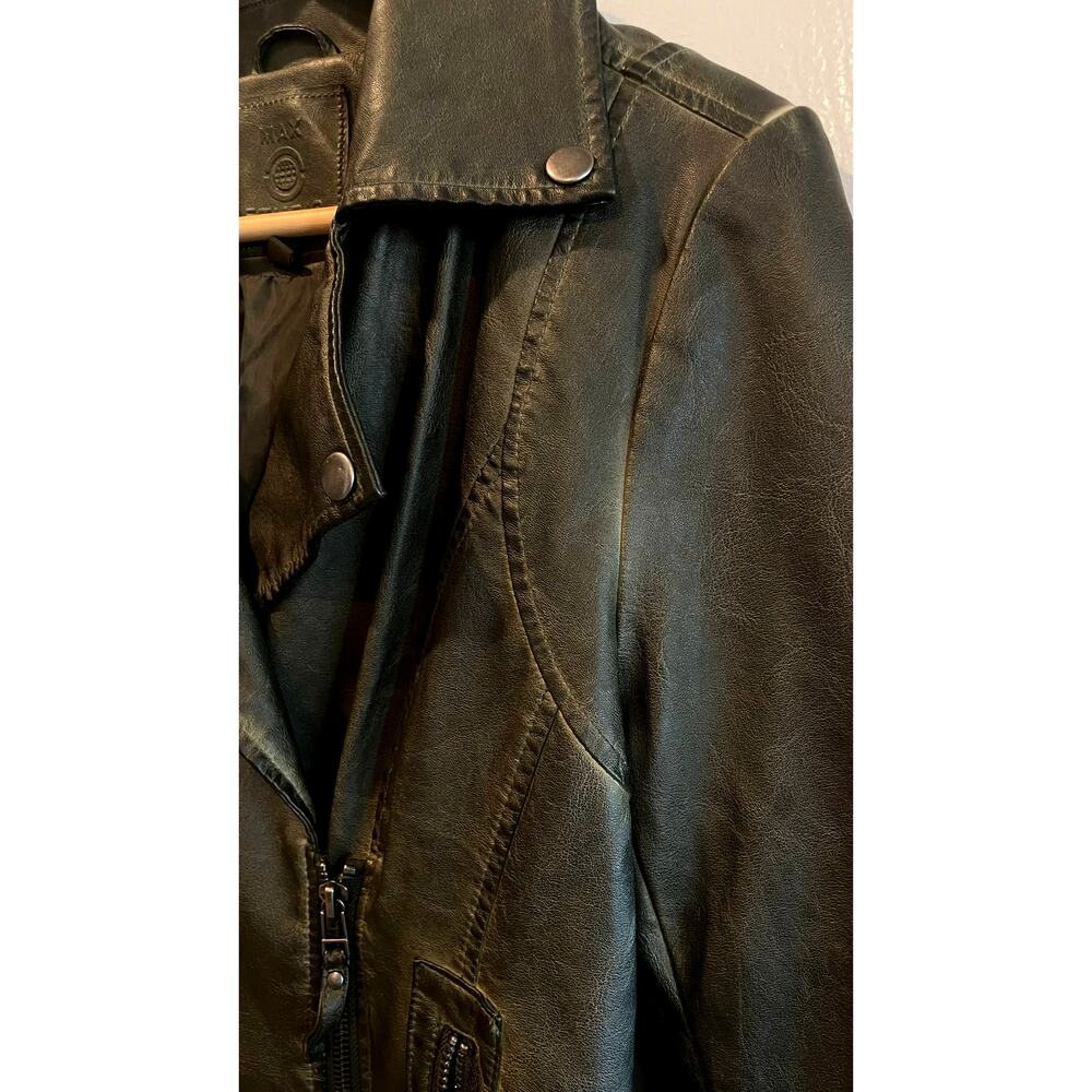 Max Studio Women's Washed Faux Leather Zip Moto Jacket Olive Green Size M - Picture 3 of 11